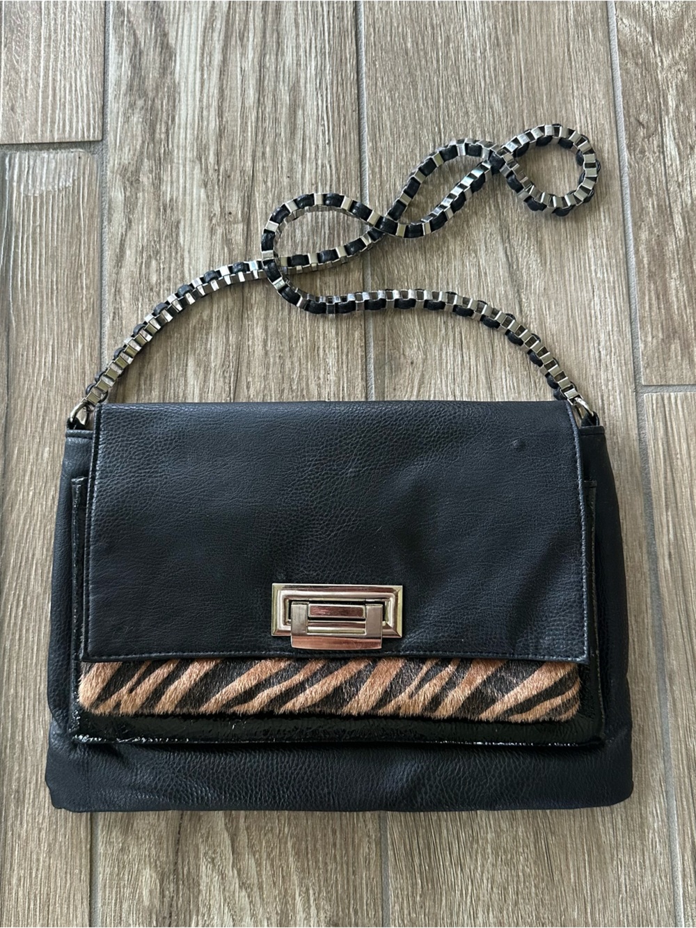 Kardashian Kollection Black Shoulder Bag with Brown Zebra Accent